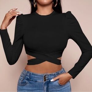 Shein Black Long Sleeve Puff Shoulders Criss Cross Crop Top Large